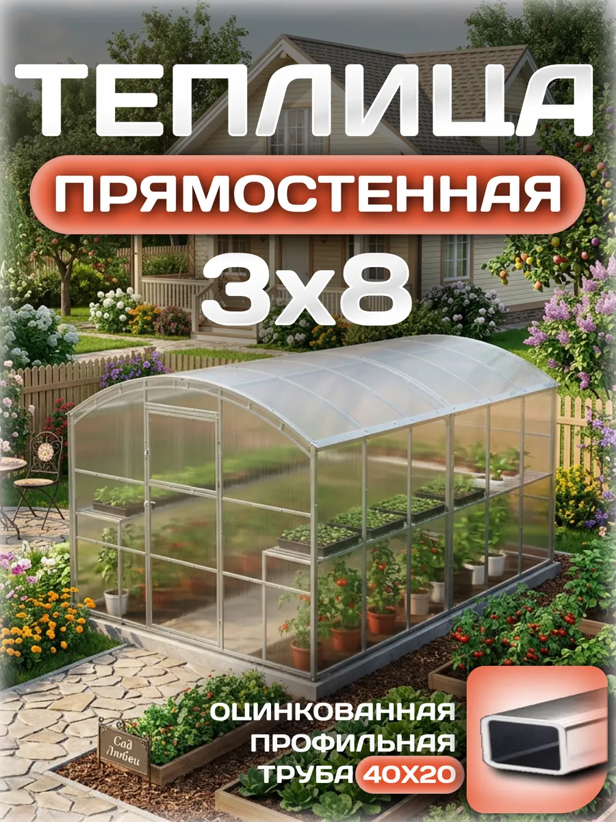 Теплица прямостенная 3х8 м, каркас 40х20, шаг дуг 0.65 м усиленная с поликарбонатом 4 мм 0,80 кг/м²